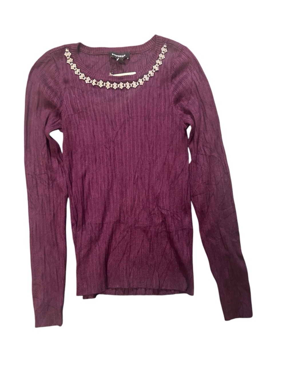 Express Plum Jeweled Neck Ribbed Sweater Medium NWT